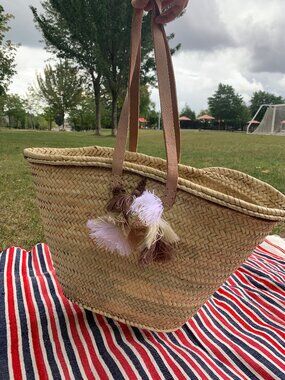 New french basket, beach basket straw and leather, straw bag picnic basket